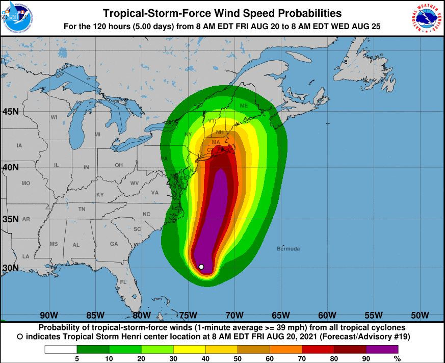Key Messages for #TropicalStorm #Henri<br /><br />Advisory 19: 11:00 AM EDT Fri Aug 20, 2021<br />	<br />1. Dangerous storm surge inundation and hurricane conditions are possible beginning Sunday in portions of Long Island, Connecticut, Rhode Island, and southeastern Massachusetts, where a Storm Surge Watch and Hurricane Watch are in effect. Residents in these areas should follow any advice given by local officials.	<br /><br />2. Heavy rainfall may lead to flash, urban, and small stream flooding, along with the potential for widespread minor and isolated moderate river flooding, over portions of southern New England Sunday into Monday.<br /><br />3. Swells from Henri will begin to reach much of the east coast of the U.S. and	Atlantic Canada by the end of the week and continue through the weekend. These swells could cause life-threatening surf and rip currents.