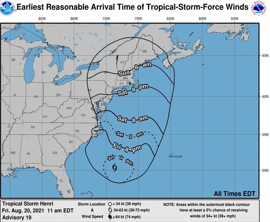 Key Messages for #TropicalStorm #Henri<br /><br />Advisory 19: 11:00 AM EDT Fri Aug 20, 2021<br />	<br />1. Dangerous storm surge inundation and hurricane conditions are possible beginning Sunday in portions of Long Island, Connecticut, Rhode Island, and southeastern Massachusetts, where a Storm Surge Watch and Hurricane Watch are in effect. Residents in these areas should follow any advice given by local officials.	<br /><br />2. Heavy rainfall may lead to flash, urban, and small stream flooding, along with the potential for widespread minor and isolated moderate river flooding, over portions of southern New England Sunday into Monday.<br /><br />3. Swells from Henri will begin to reach much of the east coast of the U.S. and	Atlantic Canada by the end of the week and continue through the weekend. These swells could cause life-threatening surf and rip currents.