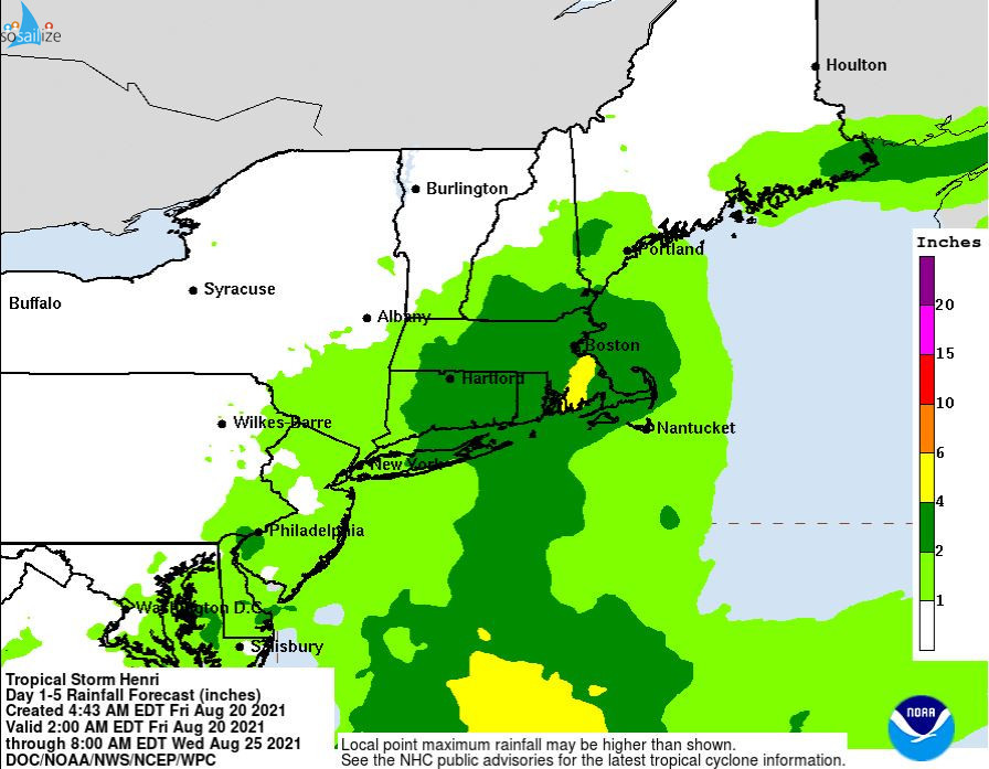 Key Messages for #TropicalStorm #Henri<br /><br />Advisory 19: 11:00 AM EDT Fri Aug 20, 2021<br />	<br />1. Dangerous storm surge inundation and hurricane conditions are possible beginning Sunday in portions of Long Island, Connecticut, Rhode Island, and southeastern Massachusetts, where a Storm Surge Watch and Hurricane Watch are in effect. Residents in these areas should follow any advice given by local officials.	<br /><br />2. Heavy rainfall may lead to flash, urban, and small stream flooding, along with the potential for widespread minor and isolated moderate river flooding, over portions of southern New England Sunday into Monday.<br /><br />3. Swells from Henri will begin to reach much of the east coast of the U.S. and	Atlantic Canada by the end of the week and continue through the weekend. These swells could cause life-threatening surf and rip currents.