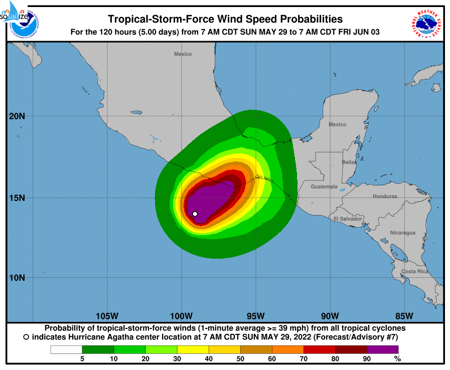 Key Messages for #Hurricane #Agatha	Advisory 7: 10:00 AM CDT Sun May 29, 20221. Dangerous coastal flooding from storm surge accompanied by large and destructive waves is expected near and the east of where Agatha makes landfall.	2. Life-threatening hurricane-force winds are expected in portions of the hurricane warning area in southern Mexico on Monday,	Hurricane with tropical storm conditions beginning	Surd,"'	Got	there tonight or early Monday. Tropical storm conditions are expected in the tropical storm warning area on Monday.	3. Heavy rains associated with Agatha will develop over portions of southern Mexico later today and continue through Tuesday. This will pose a threat of potentially	life-threatening flash flooding and mudslides.	For more information go to hurricanes.gov