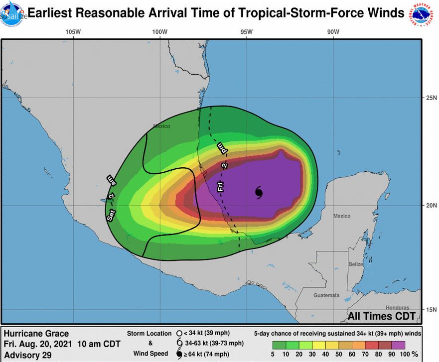 Key Messages for #Hurricane #Grace	Advisory 29: 10:00 AM CDT Fri Aug 20, 2021	1. Hurricane conditions and dangerous storm surge are likely along portions of eastern mainland Mexico beginning late today within the Hurricane Warning	area from Puerto Veracruz northward to	Cabo Rojo.	2. Through the weekend, heavy rainfall across Veracruz, Puebla, Tlaxcala,	Hidalgo, northern Queretaro, and	eastern San Luis Potosi will lead to flash and urban flooding, along with the likelihood of mudslides.	For more information go to hurricanes.gov
