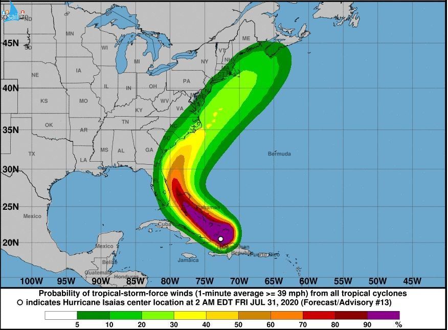 Key Messages for #Hurricane #Isaias Advisory 13: 5:00 AM EDT Fri Jul 31, 2020 1. Isaias will produce heavy rains and potentially life-threatening flash flooding and mudslides across the Dominican Republic, northern Haw, Turks a. Caicos, a. the Bahamas. Heavy rains associated with Isaias may begin to affect South and east-Central Florida beginning late Friday night and Me eastem Carolinas by early next week, potentially resulting In isolated flash and urban flooding, especially in low-lying and poorly drained areas. Isolated minor river flooding Is possible In the Carolinas early next week. 2. Hurricane conditions and dangerous Moan surge are expected in poff ions of the Bahamas today and Saturday, and Hurricane Warnings are in effect for these areas. Preparations to protect life and property should be rushed to completion. 3. Tropical storm conditions are possible along portions of the Florida east coast beginning Saturday, and a Tropical Storm Watch remains In effect While storm surge watches are not currently needed for this area, they may be required later today if the forecast track shifts closer to the coast Heavy rains associated with Isaias may begin to affect South Florida and east-Central Florida beginning late tonight, potentially resulting in isolated flash and urban flooding, especially In low-lying and poorly drained areas.
