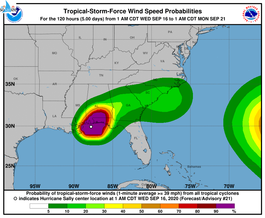Key Messages for #Hurricane #Sally Advisory 21: 4:00 AM CDT Wed Sep 16, 2020 1. Historic and catastrophic flooding is unfolding along and just inland of the coast from west of Tallahassee, Florida, to Mobile Bay, Alabama. In addition, widespread moderate to major river flooding is forecast. Significant flash and urban flooding, as well as widespread minor to moderate river flooding, is likely across inland portions Alabama into central Georgia. Widespread flash and urban flooding is possible, as well as widespread minor to moderate river flooding, across western South Carolina into western and central North Carolina. Scattered flash and urban flooding is possible, as well as scattered minor river flooding in southeast Virginia. 2. Life-threatening storm surge is occurring along portions of the coastline from Alabama to the western Florida Panhandle, including Pensacola Bay and southern portions of Mobile Bay. 3. Hurricane conditions are expected this morning and then continue into this afternoon within portions of the Hurricane Warning area along the Mississippi and Alabama coastlines and the western Florida Panhandle.