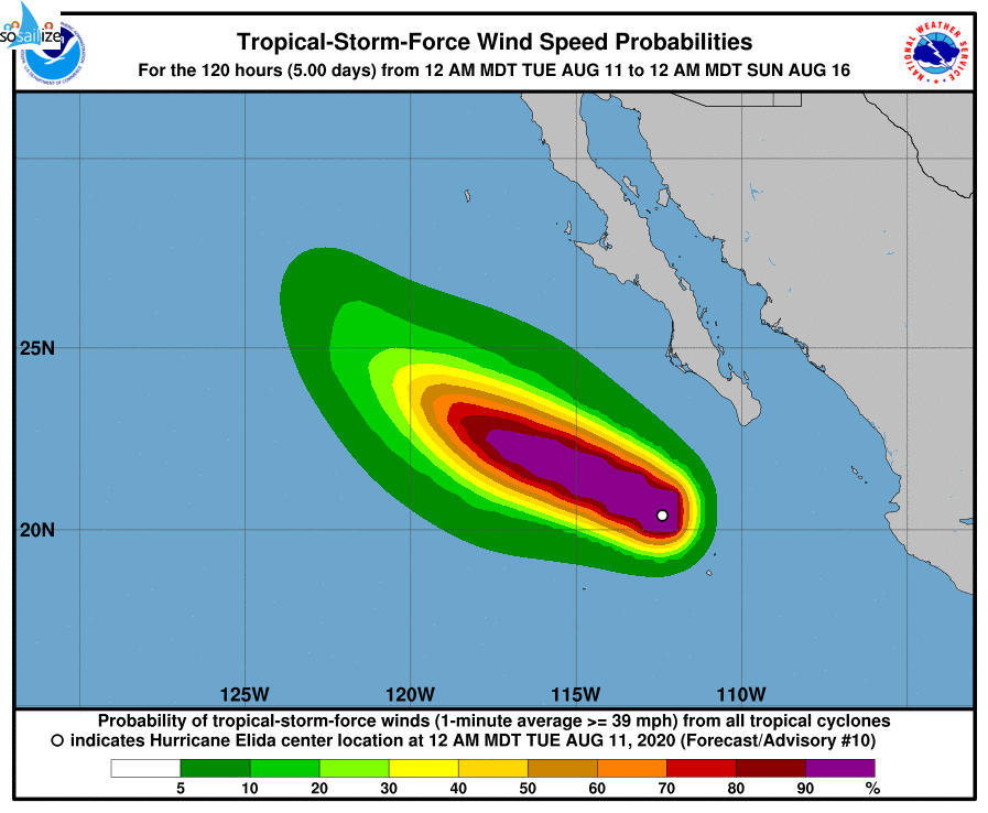 For the eastern North Pacific...east of 140 degrees west longitude:The National Hurricane Center is issuing advisories on #Hurricane #Elida, located a few hundred hundred miles southwest of the southern tip of the Baja California peninsula.1. An elongated area of disturbed weather is located around 1500 miles southwest of the southern tip of the Baja California peninsula. A low pressure system is expected to form within this area in a day or two, and it will likely become a tropical depression late this week. The system is expected to move slowly westward toward the central Pacific basin during the next several days.* Formation chance through 48 hours...low...30 percent.* Formation chance through 5 days...high...70 percent.2. An area of disturbed weather has formed a few hundred miles south of the Gulf of Tehuantepec.  An area of low pressure is forecast to develop from this system well south or southwest of the southwestern coast of Mexico in a couple of days.  Environmental conditions appear conducive for development thereafter, and this system will likely become a tropical depression late this week or over the weekend while it moves generally west-northwestward.* Formation chance through 48 hours...low...10 percent.* Formation chance through 5 days...high...70 percent.3. Another area of low pressure is expected to form in a few days over the far eastern portion of the basin to the south of the coast of Central America. Gradual development of this system is possible, and a tropical depression could form this weekend while it moves generally west-northwestward.* Formation chance through 48 hours...low...near 0 percent.* Formation chance through 5 days...medium...40 percent.Forecaster Beven