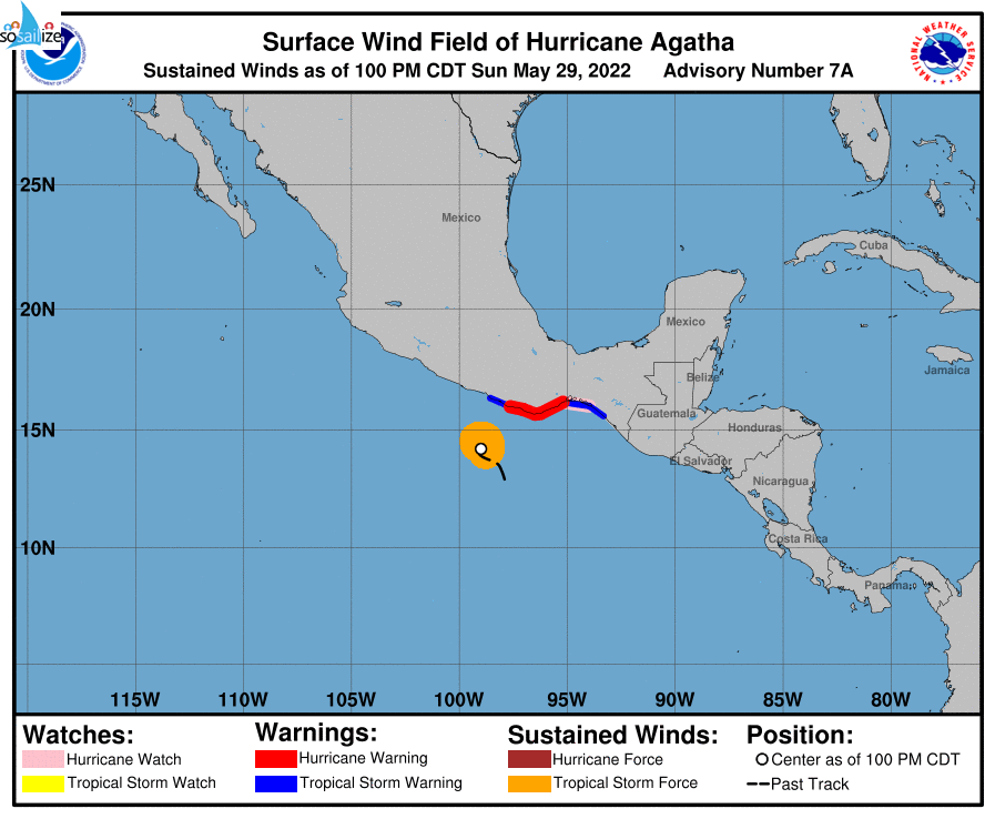 Key Messages for #Hurricane #Agatha	Advisory 7: 10:00 AM CDT Sun May 29, 20221. Dangerous coastal flooding from storm surge accompanied by large and destructive waves is expected near and the east of where Agatha makes landfall.	2. Life-threatening hurricane-force winds are expected in portions of the hurricane warning area in southern Mexico on Monday,	Hurricane with tropical storm conditions beginning	Surd,"'	Got	there tonight or early Monday. Tropical storm conditions are expected in the tropical storm warning area on Monday.	3. Heavy rains associated with Agatha will develop over portions of southern Mexico later today and continue through Tuesday. This will pose a threat of potentially	life-threatening flash flooding and mudslides.	For more information go to hurricanes.gov