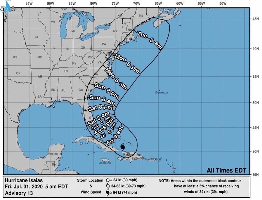 Key Messages for #Hurricane #Isaias Advisory 13: 5:00 AM EDT Fri Jul 31, 2020 1. Isaias will produce heavy rains and potentially life-threatening flash flooding and mudslides across the Dominican Republic, northern Haw, Turks a. Caicos, a. the Bahamas. Heavy rains associated with Isaias may begin to affect South and east-Central Florida beginning late Friday night and Me eastem Carolinas by early next week, potentially resulting In isolated flash and urban flooding, especially in low-lying and poorly drained areas. Isolated minor river flooding Is possible In the Carolinas early next week. 2. Hurricane conditions and dangerous Moan surge are expected in poff ions of the Bahamas today and Saturday, and Hurricane Warnings are in effect for these areas. Preparations to protect life and property should be rushed to completion. 3. Tropical storm conditions are possible along portions of the Florida east coast beginning Saturday, and a Tropical Storm Watch remains In effect While storm surge watches are not currently needed for this area, they may be required later today if the forecast track shifts closer to the coast Heavy rains associated with Isaias may begin to affect South Florida and east-Central Florida beginning late tonight, potentially resulting in isolated flash and urban flooding, especially In low-lying and poorly drained areas.