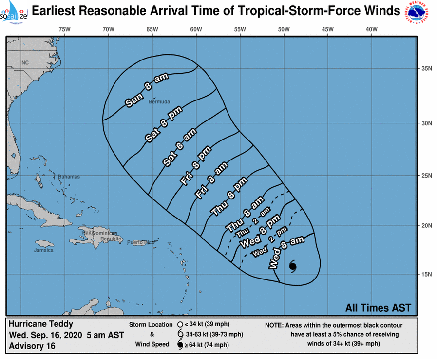 #Hurricane #Teddy Discussion Number  16NWS National Hurricane Center Miami FL       AL202020500 AM AST Wed Sep 16 2020Teddy continues to quickly intensify.  The latest satellite images shows that a ragged eye is present, although microwave images show it is closed in the low-levels.  Satellite intensity estimates earlier were between 77- 90 kt, and the initial wind speed is set to 85 with the increasing organization.  The environment appears to be ripe for rapid intensification with light shear, warm water, and a solid ring present on overnight 37 GHz microwave data.  Thus a 30-kt wind increase will be forecast for the first 24 hours from the 6Z initial wind speed of 80 kt.  After that time, there could be an increase in shear from the mid-oceanic trough, which should level off the wind speed, along with possibly an increase in mid-level dry air.  At long range, Teddy could also be affected by the cold wake from Paulette.  The intensity forecast is also uncertain considering the guidance is still catching up to the higher current intensity, but most everything shows a large major hurricane for the bulk of the forecast period, and so does the official forecast.Teddy is moving northwestward at about 10 kt.  A mid-tropospheric high should steer the hurricane in that general direction and speed throughout the forecast period until early next week when a turn to the north-northwest is possible ahead of a mid-latitude trough.  The biggest change to note that guidance has almost unanimously shifted westward at long range, seemingly due to a stronger central Atlantic ridge, and the NHC forecast is also moved in that direction. Unfortunately, this change does increase the threat to Bermuda, which was just hit by Hurricane Paulette, but remember the average track error at 5 days is roughly 200 miles.FORECAST POSITIONS AND MAX WINDSINIT  16/0900Z 15.8N  49.0W   85 KT 100 MPH 12H  16/1800Z 16.8N  50.0W   95 KT 110 MPH 24H  17/0600Z 18.3N  51.5W  110 KT 125 MPH 36H  17/1800Z 19.7N  52.9W  115 KT 130 MPH 48H  18/0600Z 21.3N  54.6W  115 KT 130 MPH 60H  18/1800Z 22.7N  56.1W  110 KT 125 MPH 72H  19/0600Z 24.2N  57.8W  105 KT 120 MPH 96H  20/0600Z 27.5N  62.0W  100 KT 115 MPH120H  21/0600Z 31.0N  64.0W   95 KT 110 MPH