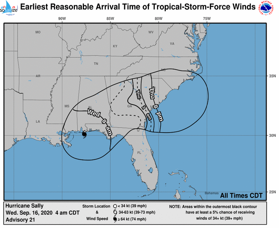Key Messages for #Hurricane #Sally Advisory 21: 4:00 AM CDT Wed Sep 16, 2020 1. Historic and catastrophic flooding is unfolding along and just inland of the coast from west of Tallahassee, Florida, to Mobile Bay, Alabama. In addition, widespread moderate to major river flooding is forecast. Significant flash and urban flooding, as well as widespread minor to moderate river flooding, is likely across inland portions Alabama into central Georgia. Widespread flash and urban flooding is possible, as well as widespread minor to moderate river flooding, across western South Carolina into western and central North Carolina. Scattered flash and urban flooding is possible, as well as scattered minor river flooding in southeast Virginia. 2. Life-threatening storm surge is occurring along portions of the coastline from Alabama to the western Florida Panhandle, including Pensacola Bay and southern portions of Mobile Bay. 3. Hurricane conditions are expected this morning and then continue into this afternoon within portions of the Hurricane Warning area along the Mississippi and Alabama coastlines and the western Florida Panhandle.