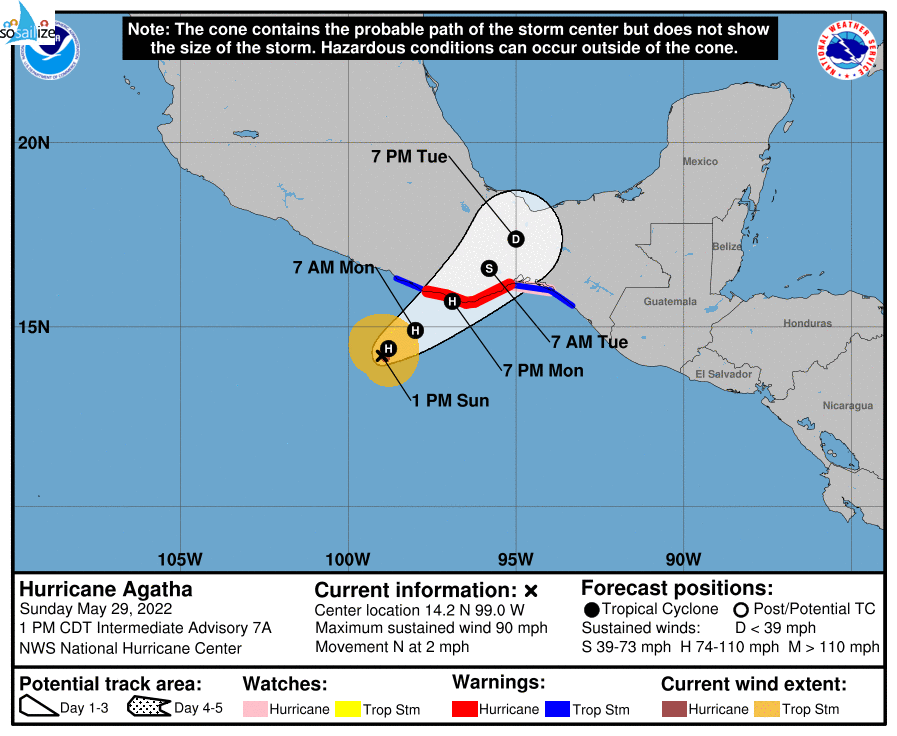 Key Messages for #Hurricane #Agatha	Advisory 7: 10:00 AM CDT Sun May 29, 20221. Dangerous coastal flooding from storm surge accompanied by large and destructive waves is expected near and the east of where Agatha makes landfall.	2. Life-threatening hurricane-force winds are expected in portions of the hurricane warning area in southern Mexico on Monday,	Hurricane with tropical storm conditions beginning	Surd,"'	Got	there tonight or early Monday. Tropical storm conditions are expected in the tropical storm warning area on Monday.	3. Heavy rains associated with Agatha will develop over portions of southern Mexico later today and continue through Tuesday. This will pose a threat of potentially	life-threatening flash flooding and mudslides.	For more information go to hurricanes.gov