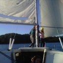 Sailing down wind with my daughters, Farrah and  Izzy, and their friend.