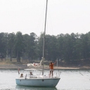 My daughter, Arielle, getting ready to tie off on the beach.