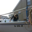 Heather scrubbing the deck